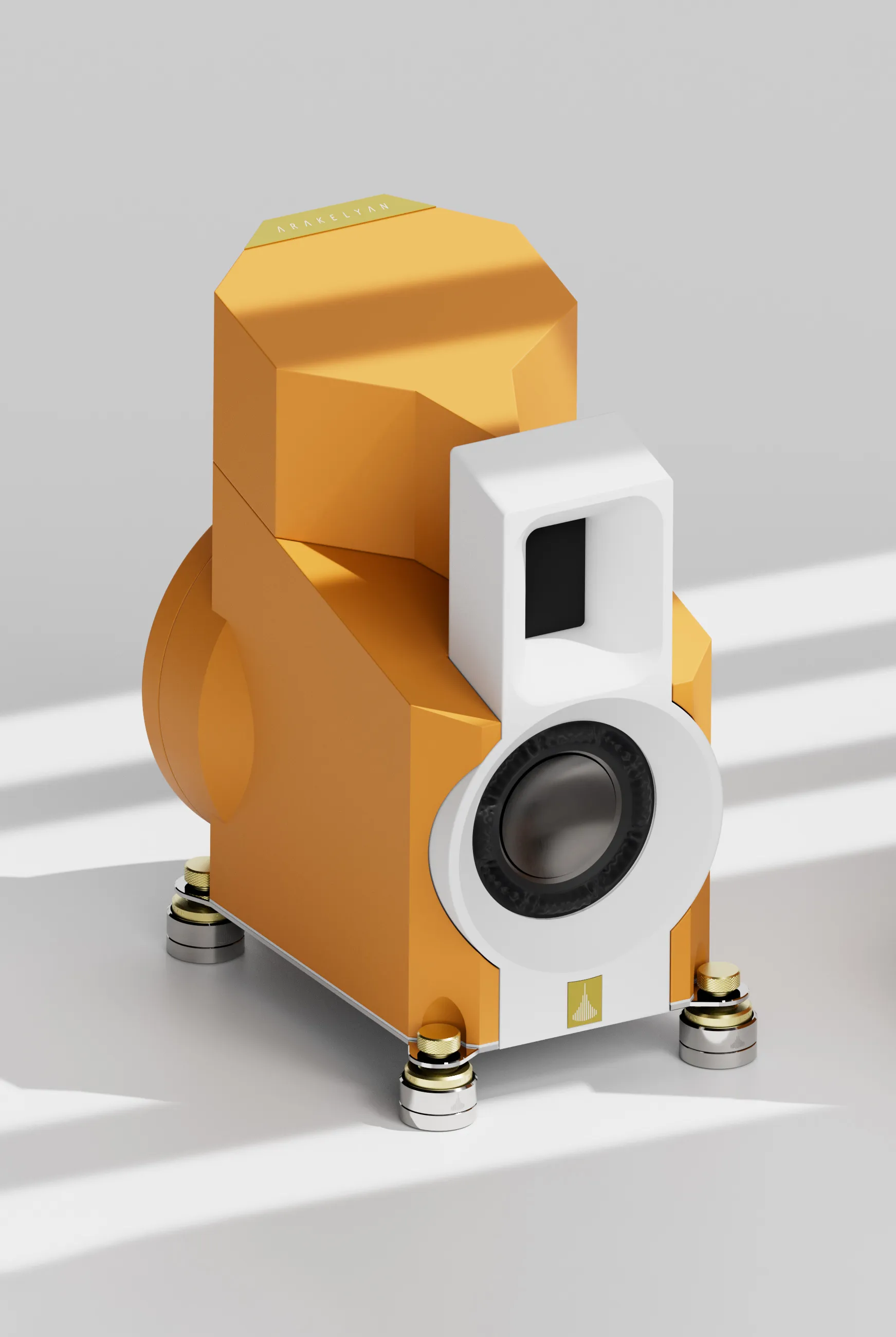 Amberd compact orange standmount three-quarter view