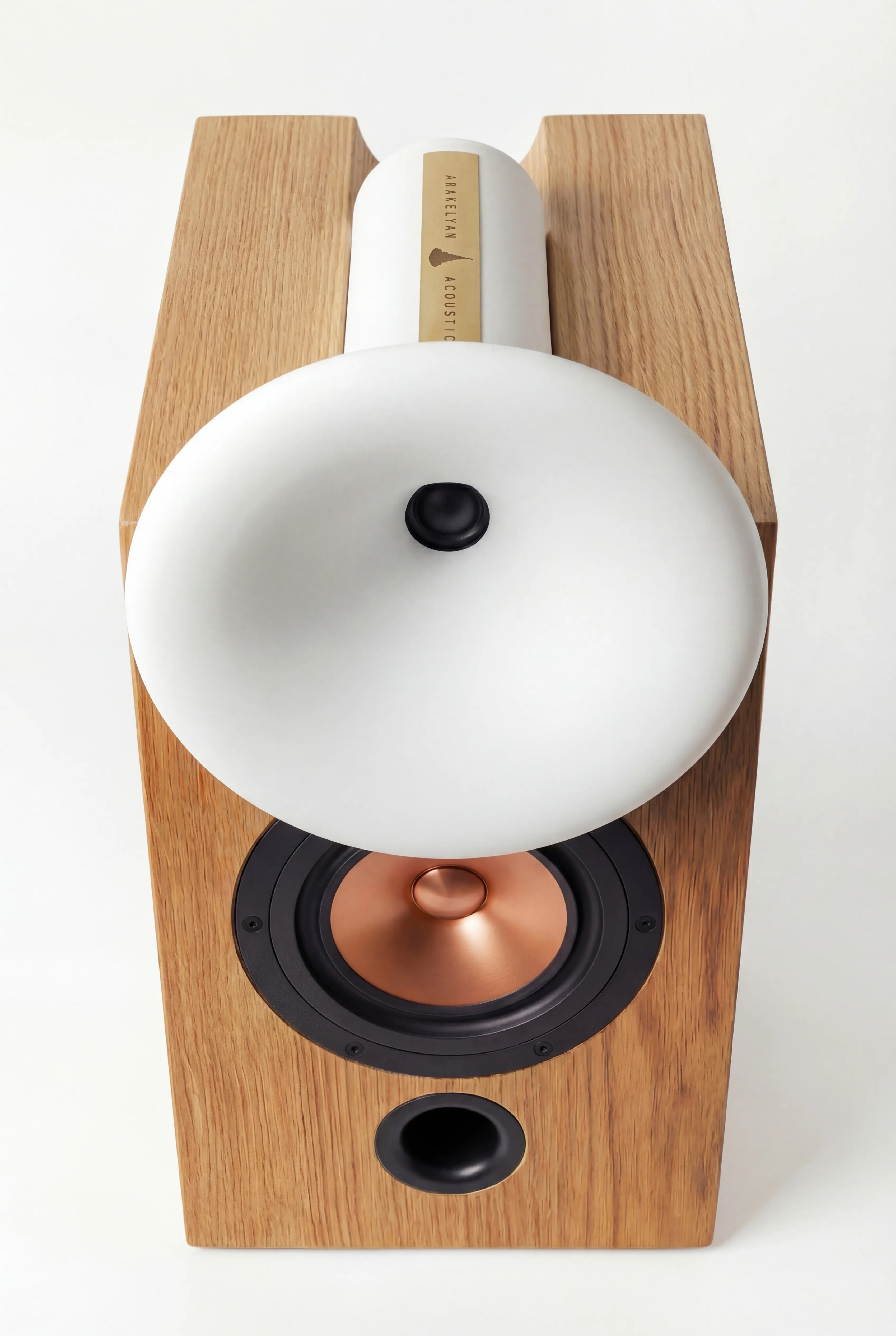 Amour three-quarter view, wood cabinet with white horn